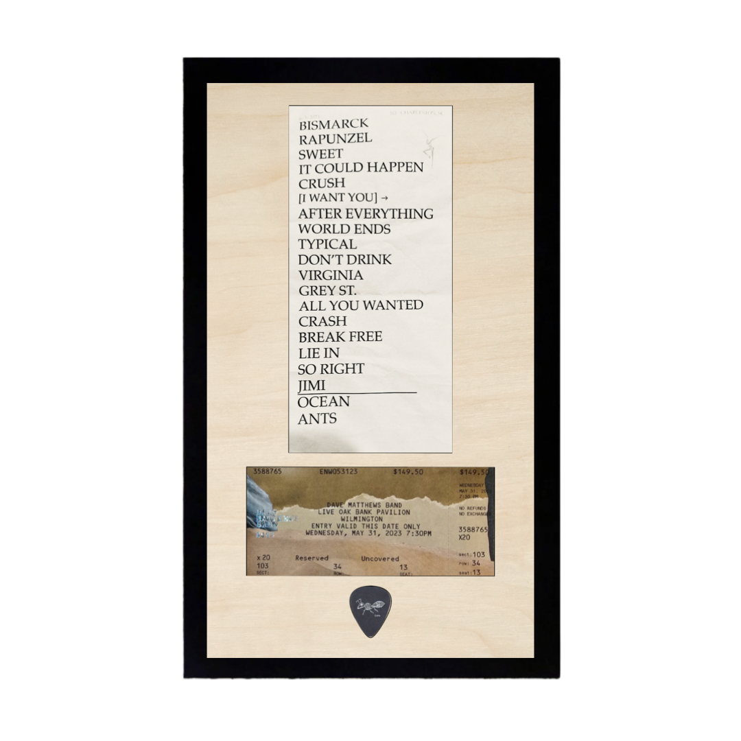 Concert Paper Setlist, Guitar Pick and Ticket Framed Wood Sign