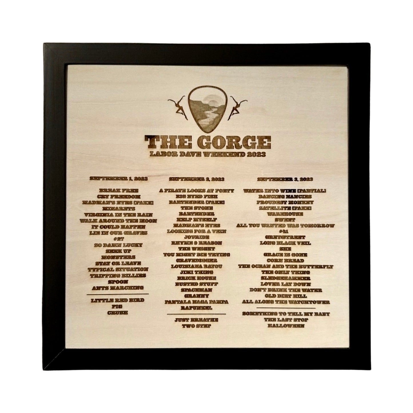 Gorge 2023 weekend Framed Wood Laser Engraved Setlist Sign