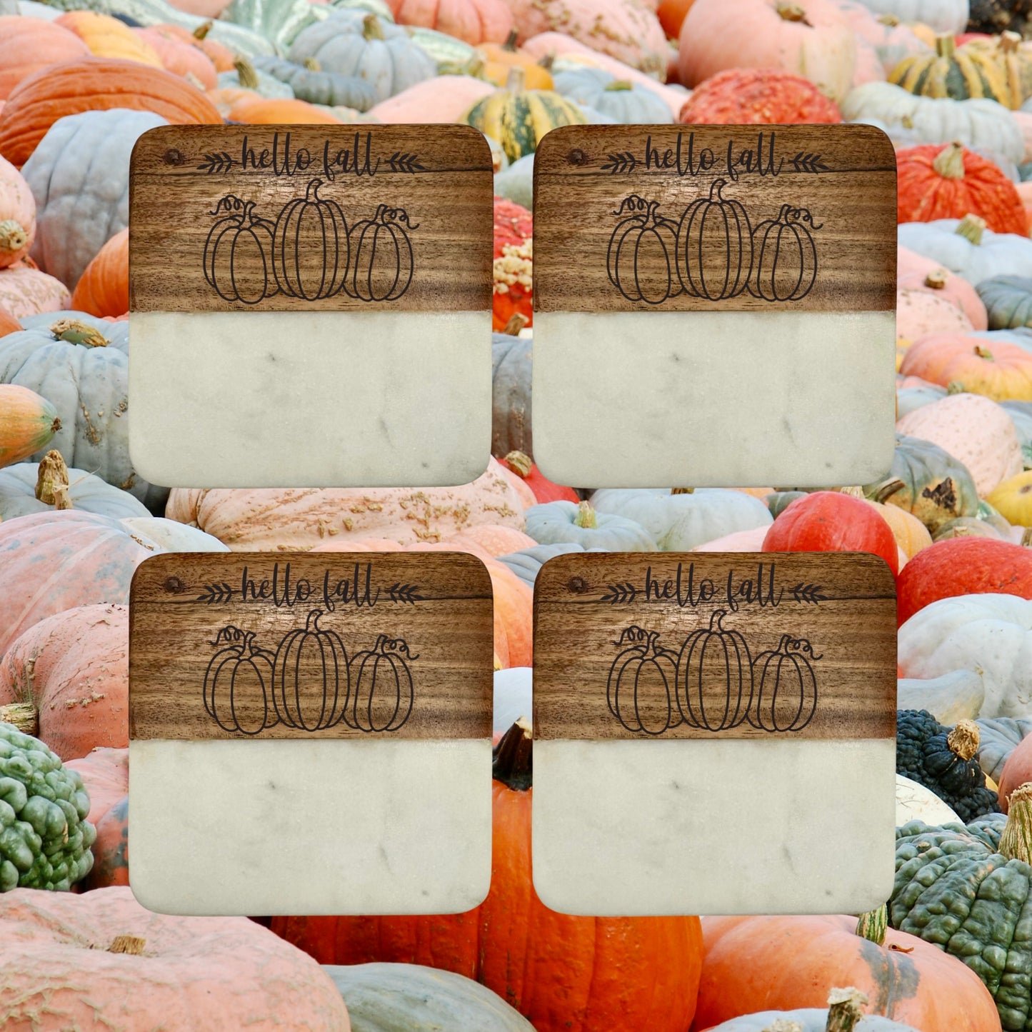 Hello Fall Wood and Marble Coaster Set