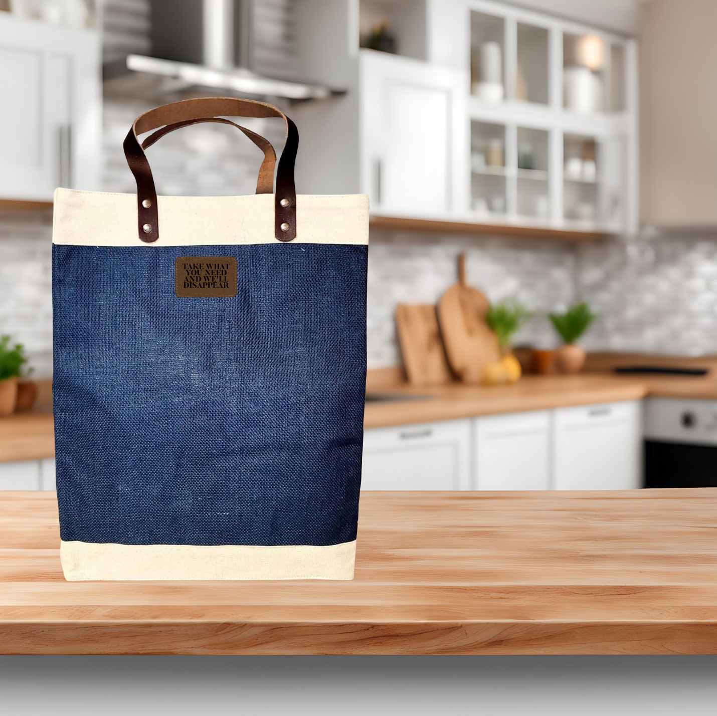 Reusable Jute Market Tote Burlap Grocery Bag With Leather Strap Handles