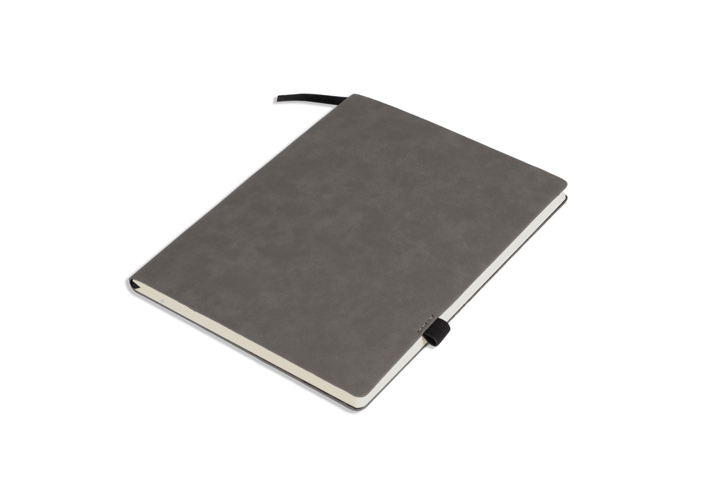 a gray notebook with a black strap on a green background