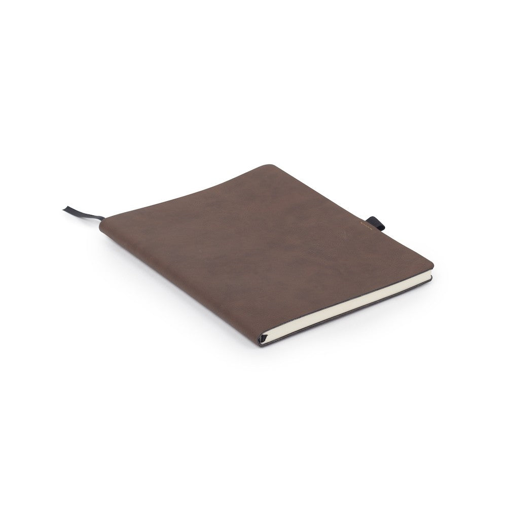 a brown notebook on a white background