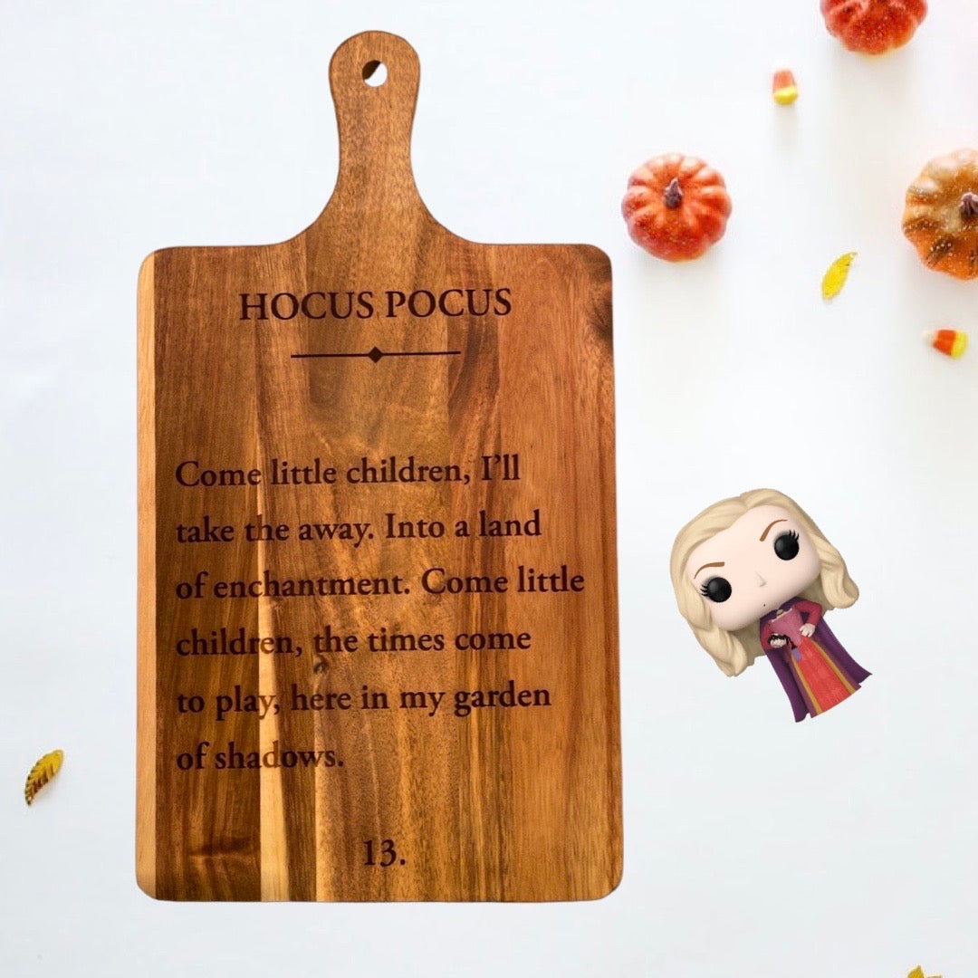 Hocus Pocus Book Page laser engraved charcuterie cheese board
