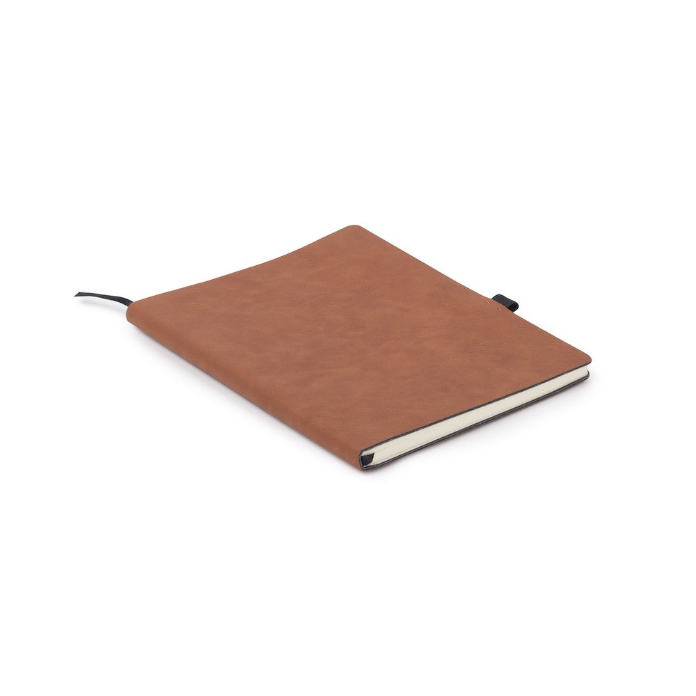 a brown notebook on a white background