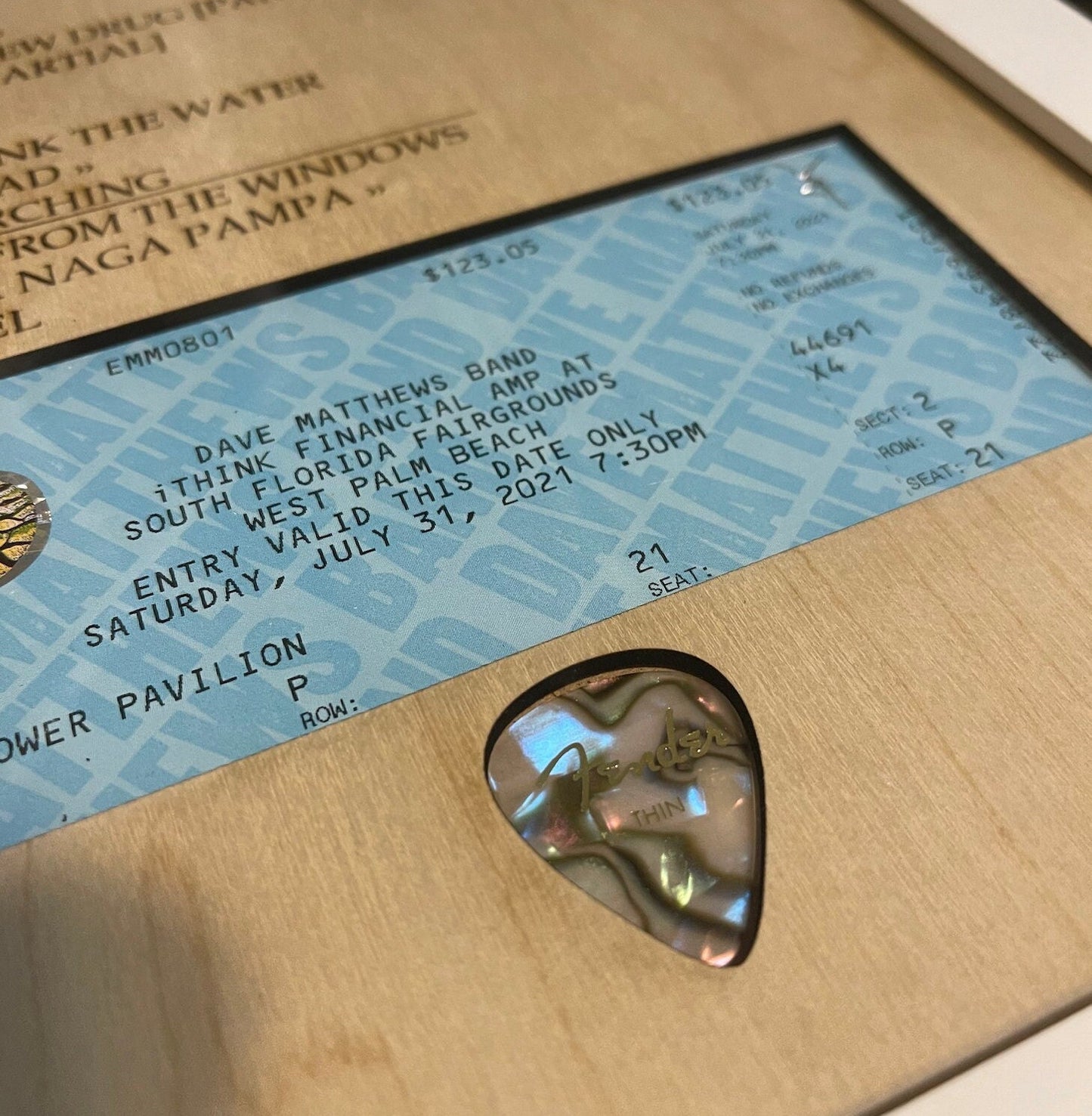 Concert Setlist with Ticket Stub and Guitar Pick Framed Wood Sign