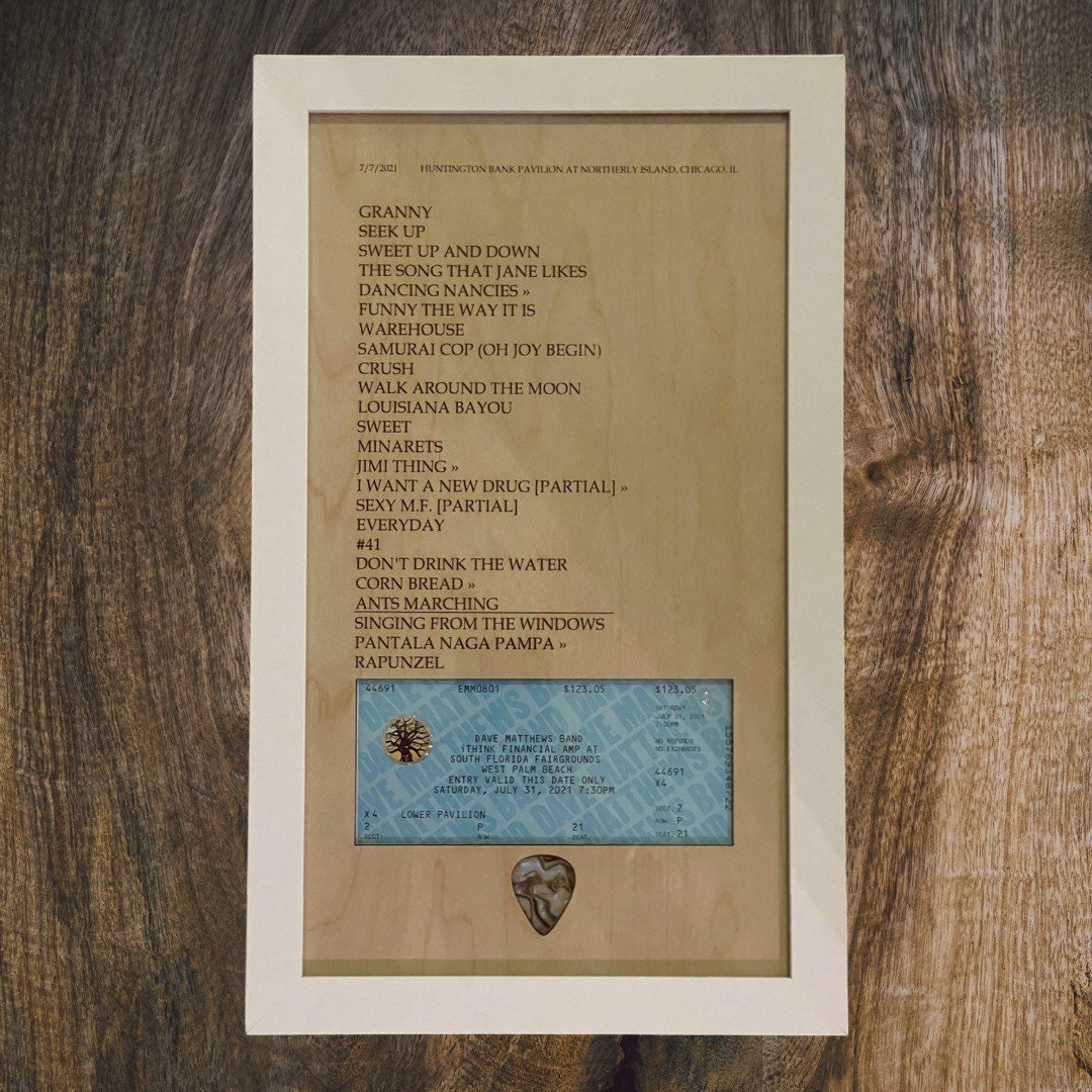 Concert Setlist with Ticket Stub and Guitar Pick Framed Wood Sign