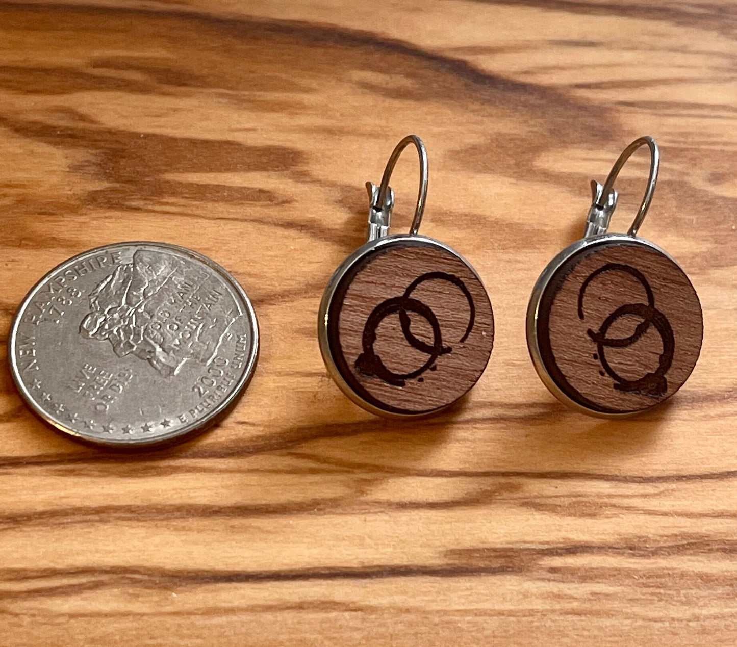 Wood engraved firedancer/coffee Leverback Earrings