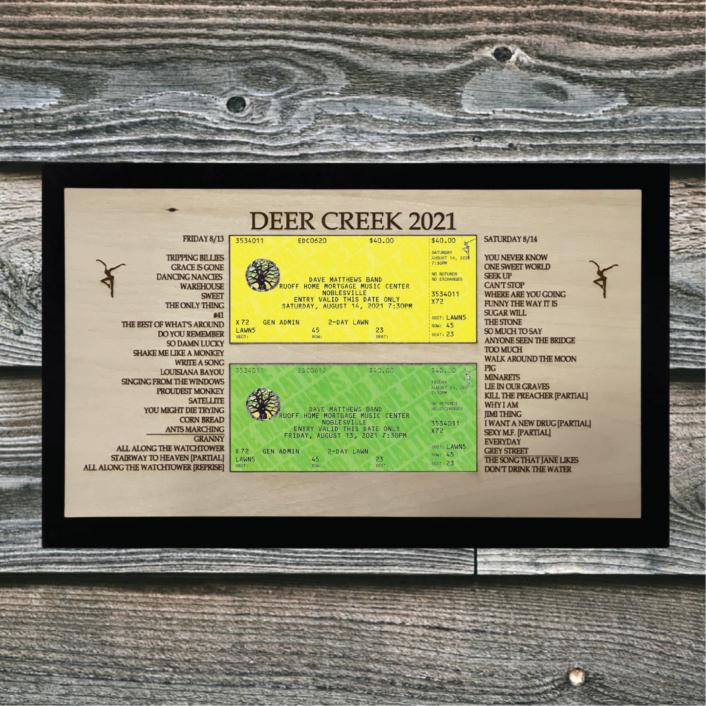 Two Night Run Concert Setlist With Ticket Stub Framed Wood Sign
