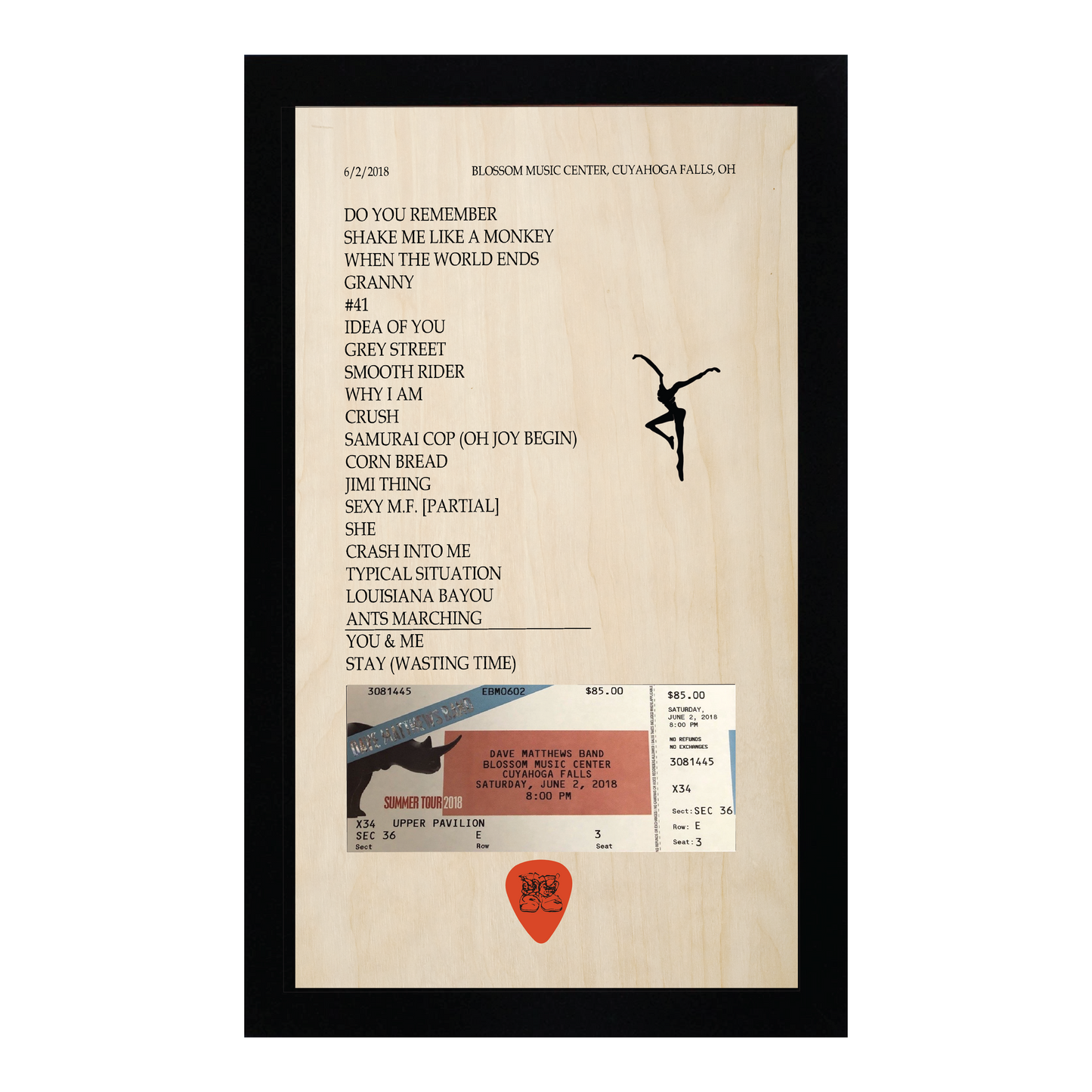 Concert Setlist with Ticket Stub and Guitar Pick Framed Wood Sign