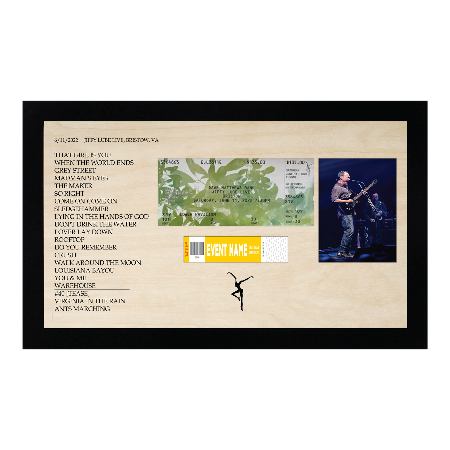 Concert Setlist with 3x4 Photo, Ticket Stub and Wristband Framed Wood Sign
