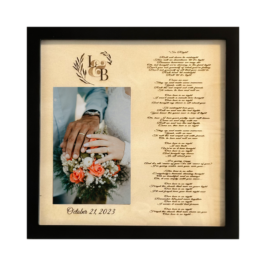 Wedding Lyrics and 4x6 Photo Framed Wood Laser Engraved Sign