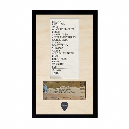 Concert Paper Setlist, Guitar Pick and Ticket Framed Wood Sign