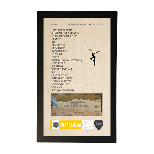 Concert Setlist with Ticket Stub, wristband and Guitar Pick Framed Wood Sign