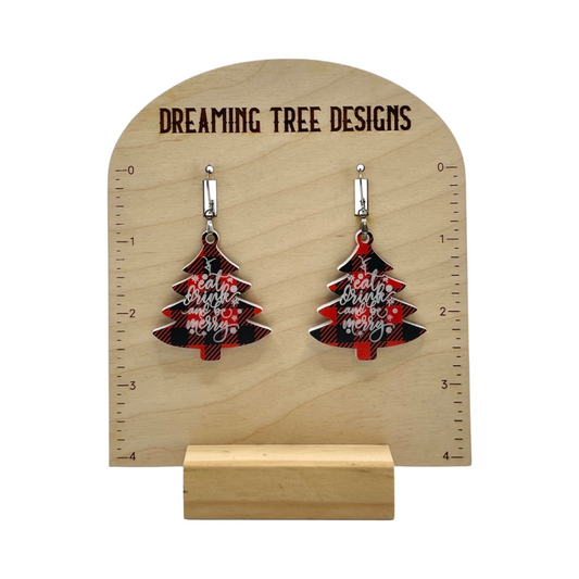 Buffalo Plaid Eat Drink and Be Merry tree earrings