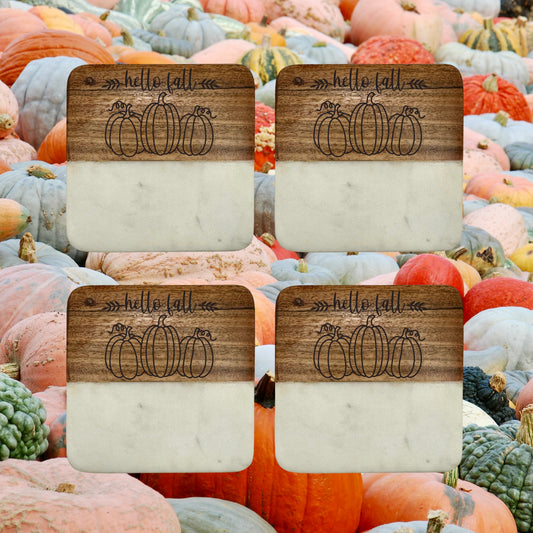 Hello Fall Wood and Marble Coaster Set