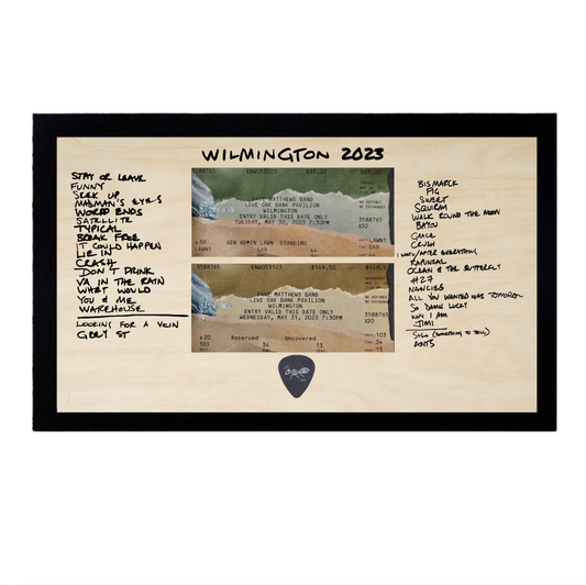 Handwritten 2 Night Run Concert Setlist with Ticket Stubs and Guitar Pick Framed Wood Sign
