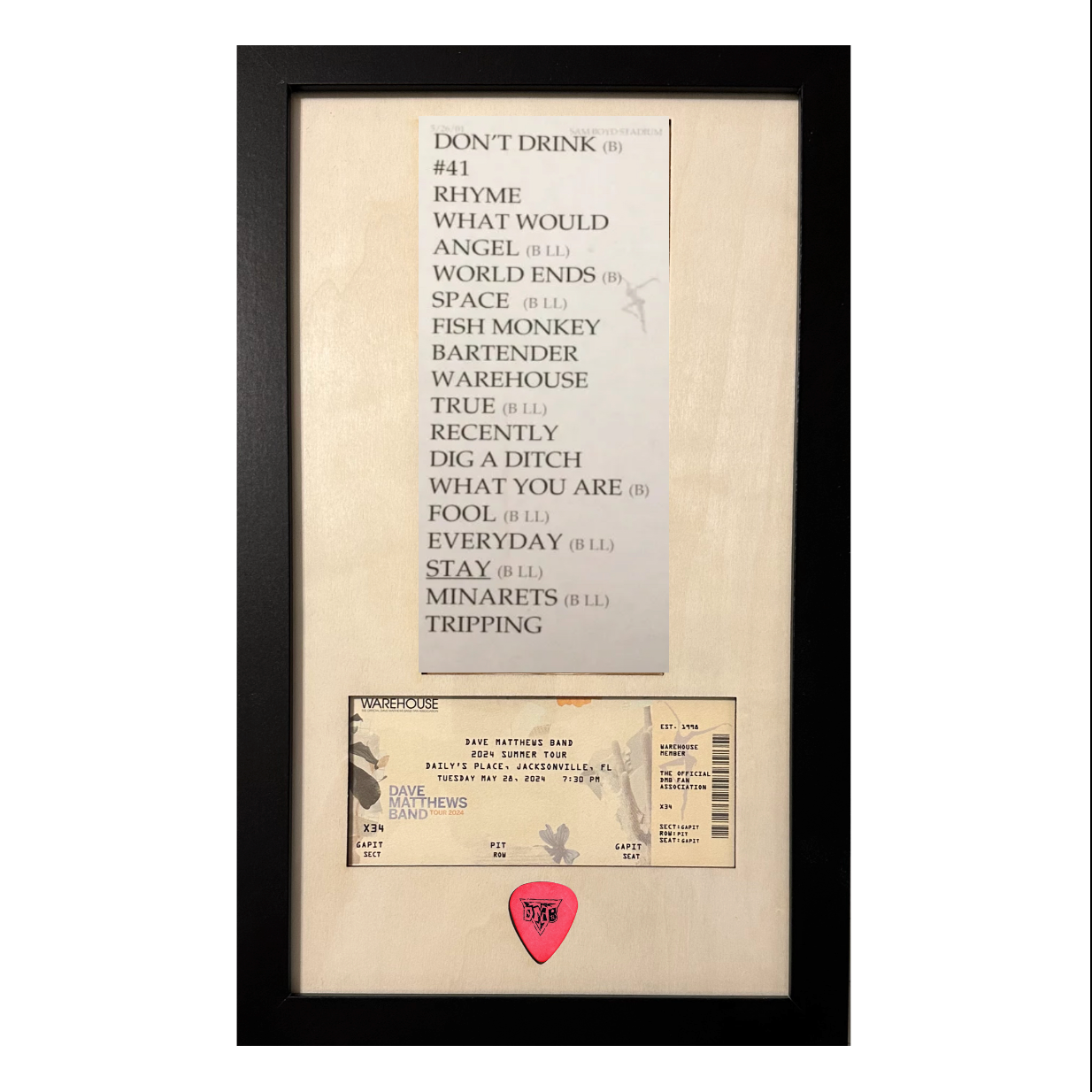 Concert Paper Setlist, Guitar Pick and Ticket Framed Wood Sign With Printed Ticket Stub