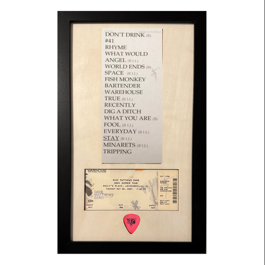 Concert Paper Setlist, Guitar Pick and Ticket Framed Wood Sign With Printed Ticket Stub