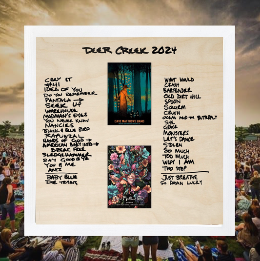 Noblesville Indiana Deer Creek 2024 2 night run handwritten setlist sign with slots for trading cards Wood Laser Engraved Setlist Sign (Copy)