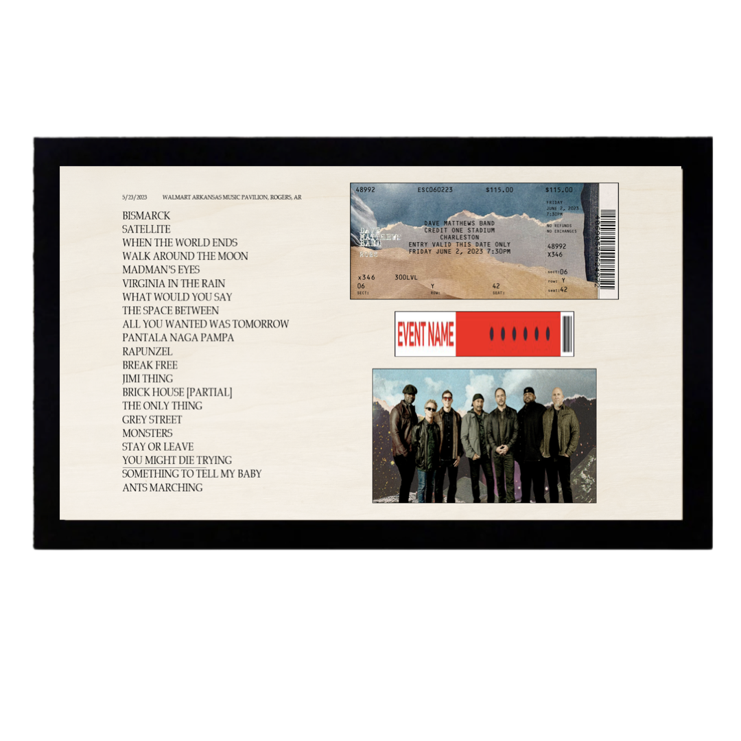 Concert Setlist with 3x5 Photo, Ticket Stub and Wristband Framed Wood Sign