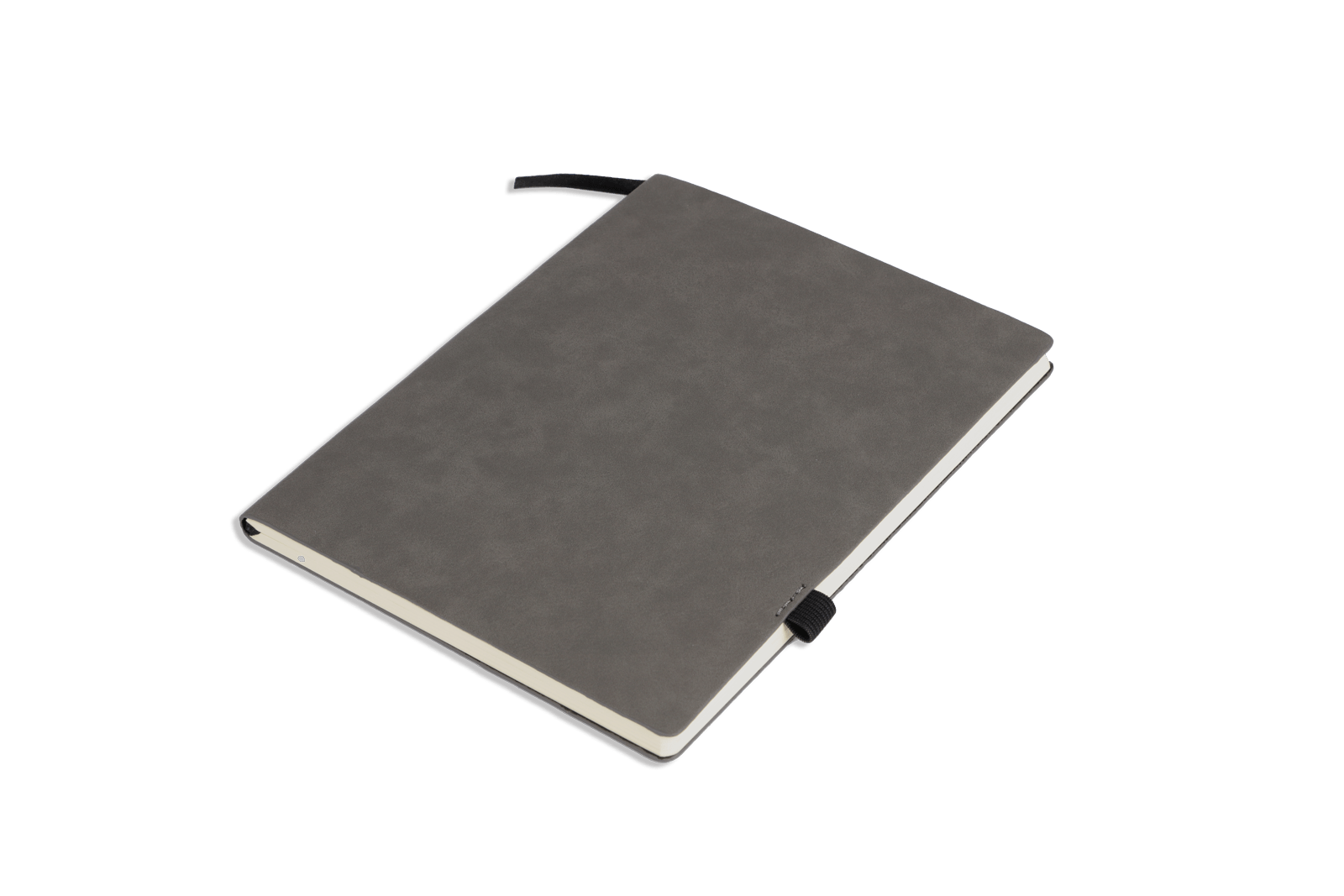 a gray notebook with a black strap on a green background