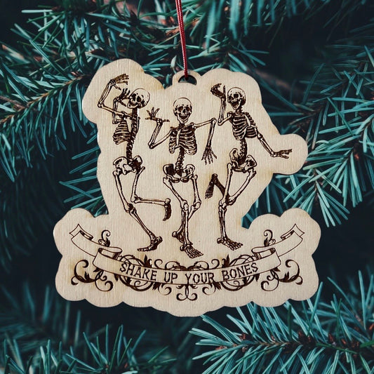 Wood Cut Pig Shake Up Your Bones engraved Ornament