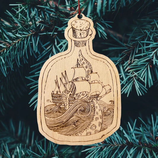Wood Cut Ship In A Bottle Set Sail Laser Engraved Ornament