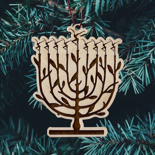 Wood Cut Firedancer Hanukkah Menorah Engraved Ornament