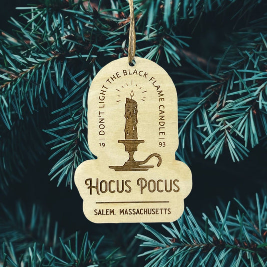 Hocus Pocus Black Flame Candle engraved wood Ornament