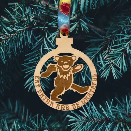 Wood Cut Bear Eat Drink and Be Grateful engraved Ornament