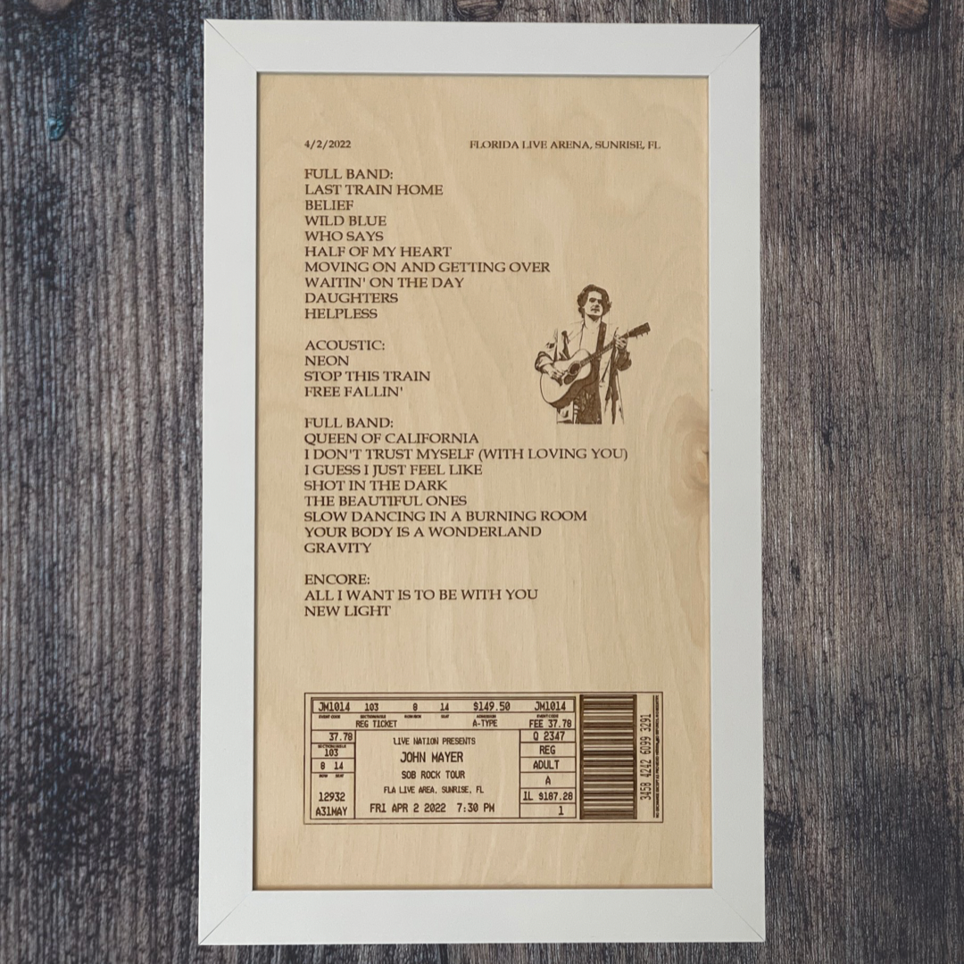 Concert Setlist and engraved ticket stub Framed Wood Sign