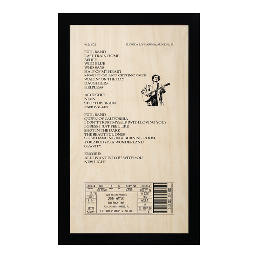 Concert Setlist and engraved ticket stub Framed Wood Sign