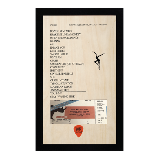 Concert Setlist with Ticket Stub and Guitar Pick Framed Wood Sign